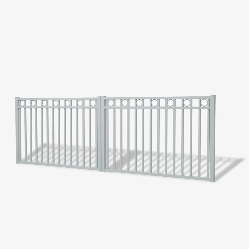 Pearl White Nelson double driveway gate with vertical steel bars and circular top detailing, a stylish decorative option for modern residential homes.