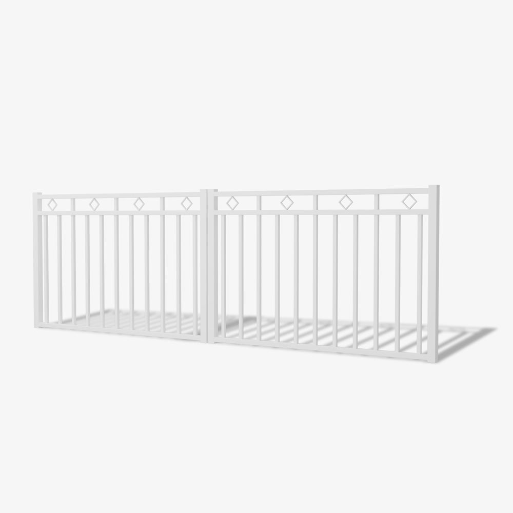 Pearl White Bronte double driveway gate with modern vertical steel bars and diamond detailing, offering a sleek decorative look with strength and durability.