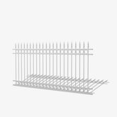 Ashgrove steel fence panel by Mason & Dean, heritage-style vertical bar steel fencing with spear top finials and decorative circular ring, traditional ornamental metal boundary panel.