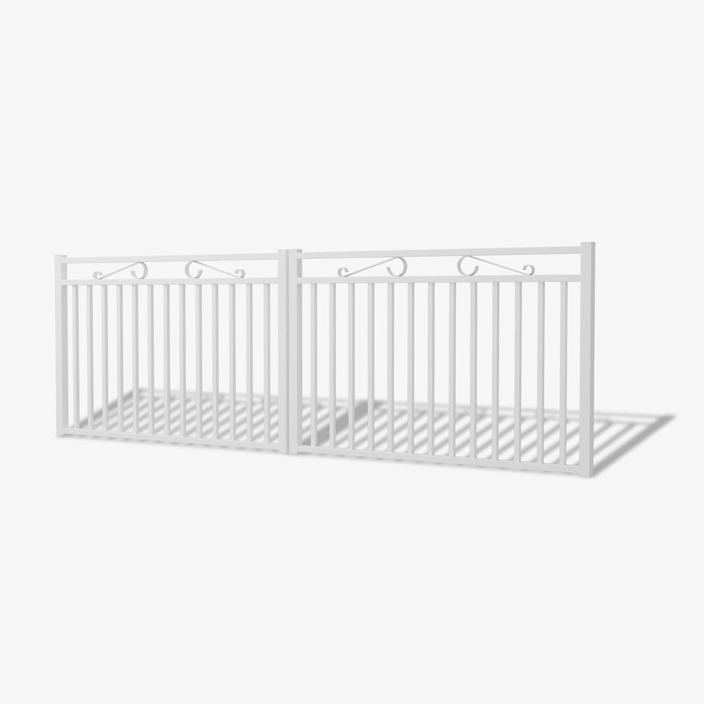 Mason & Dean Belmont double driveway gate in a modern classic design featuring vertical bars and elegant scrollwork, crafted from durable Australian steel for timeless appeal and security.