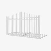 Mason & Dean Brunswick double driveway gate in Pearl White, featuring spear-top finials and circular heritage detailing, crafted from premium Australian stell for timeless elegance and lasting durability.