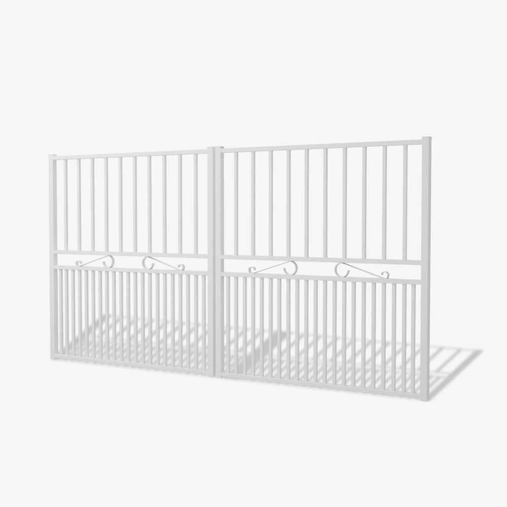 Mason & Dean Kingston double driveway gate in featuring vertical steel bars and decorative scrollwork, offering timeless elegance and strength for traditional residential homes.