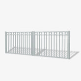 Mason & Dean Nelson double driveway gate featuring vertical steel bars and circular top detailing, a stylish decorative design ideal for modern Australian homes