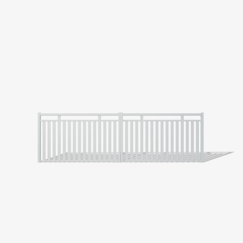 Mason & Dean North Haven double driveway gate designed for modern residential homes, combining clean vertical slats with a sleek powder-coated finish for a contemporary and secure entrance.