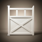 Winslow single gate in Pearl White powder coated steel, front view — privacy infill panel with three-aperture top section and ball bearing hinges, custom made in Tamworth by Mason & Dean.