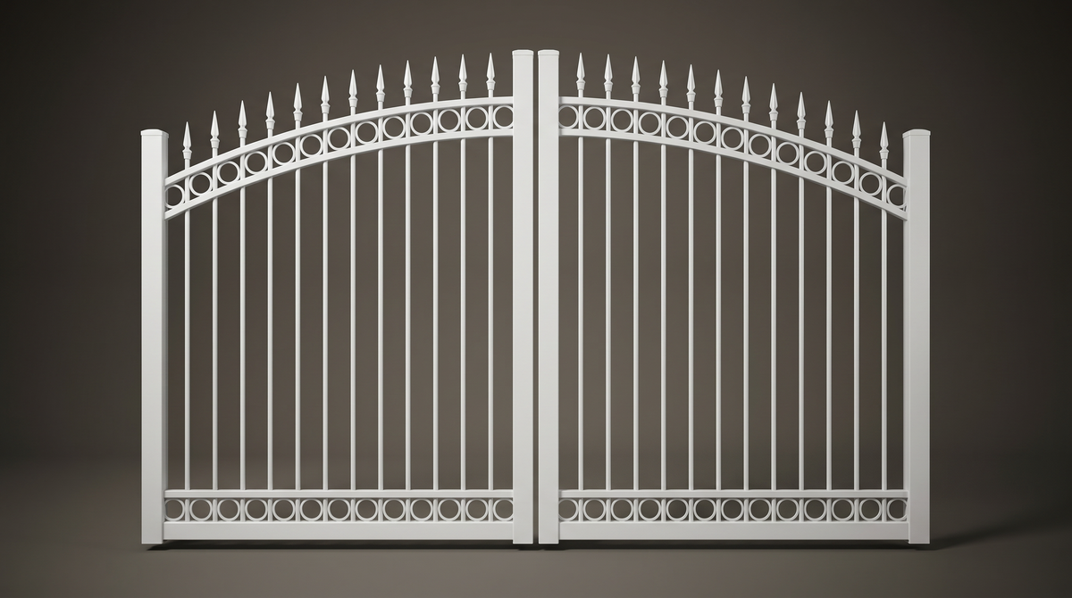 Ashgrove custom steel double driveway gates in Pearl White — heritage Australian-made design with 10-year warranty by Mason & Dean