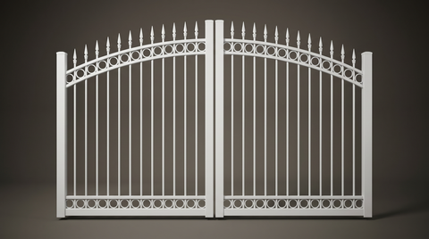 Ashgrove custom steel double driveway gates in Pearl White — heritage Australian-made design with 10-year warranty by Mason & Dean