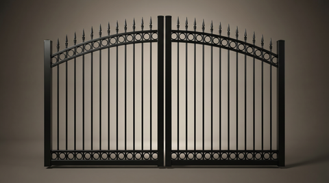 Ashgrove custom steel double driveway gates in Satin Black — heritage Australian-made design with 10-year warranty by Mason & Dean