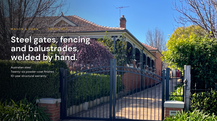 Custom steel driveway gate by Mason & Dean at a heritage home in Tamworth NSW.