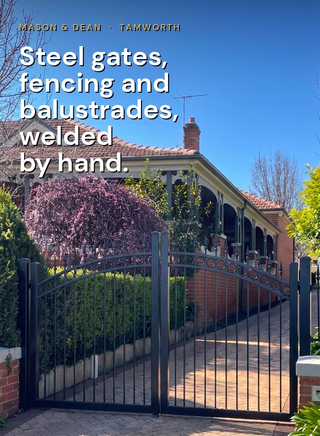 Custom steel driveway gate by Mason & Dean at a heritage home in Tamworth NSW.