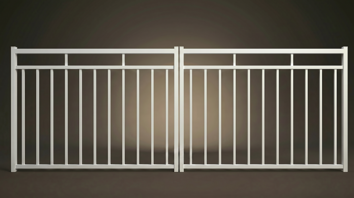 Monroe custom steel double driveway gates in Pearl White — modern architectural design with 10-year warranty by Mason & Dean