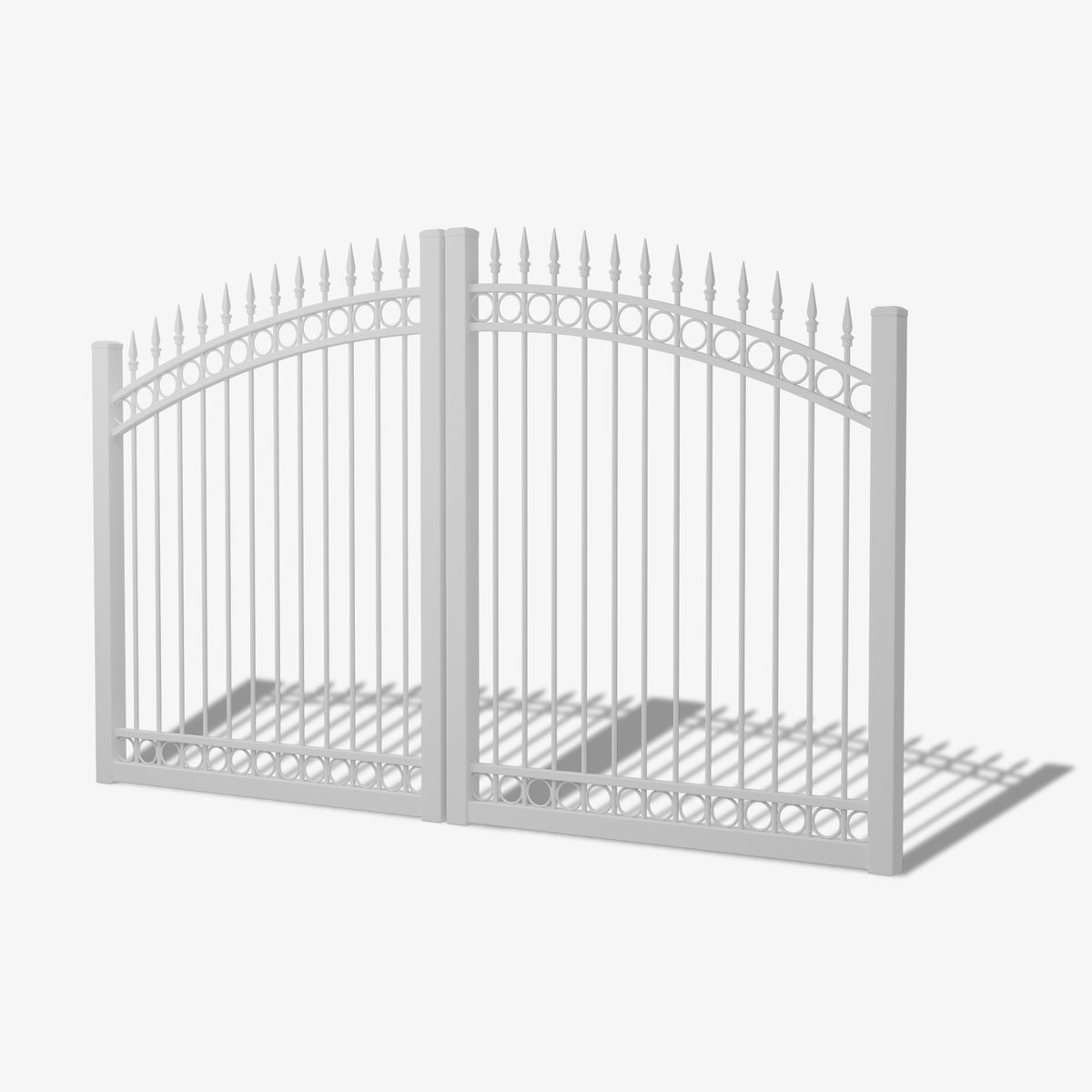Pearl White Ashgrove double driveway gate with arched top, spearhead finials, and circular detailing, a statement estate entrance design.