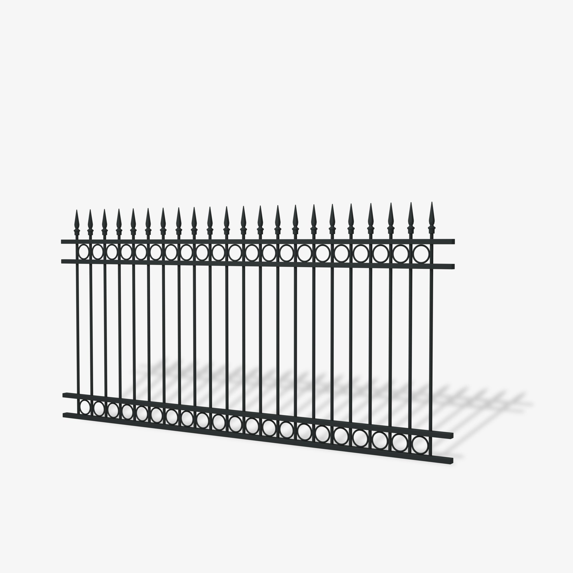 Ashgrove steel fence panel by Mason & Dean, heritage-style vertical bar steel fencing with spear top finials and decorative circular ring, traditional ornamental metal boundary panel.