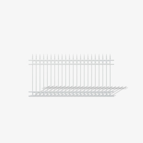 Ashgrove steel fence panel by Mason & Dean, heritage-style vertical bar steel fencing with spear top finials and decorative circular ring, traditional ornamental metal boundary panel.