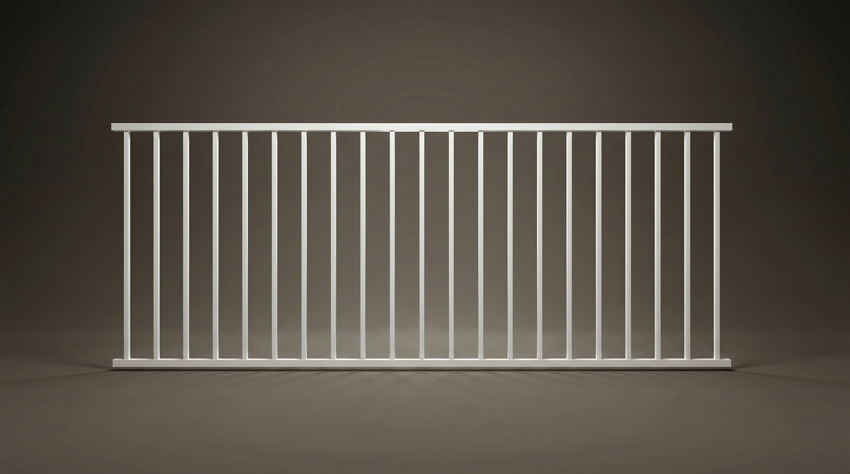 Austin modern steel balustrade panel in Pearl White — vertical bar design, Australian-made with 10-year warranty by Mason & Dean