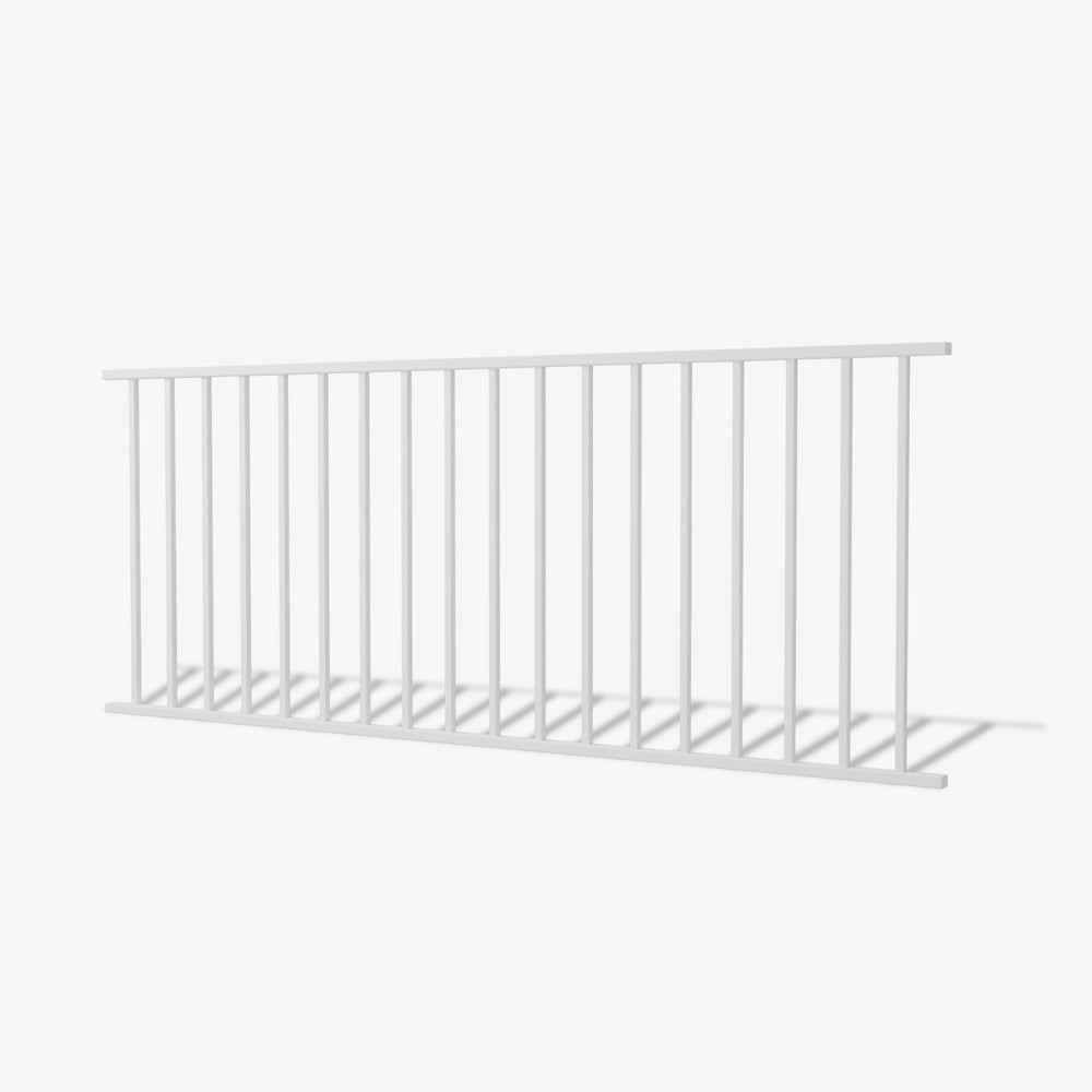 Austin steel fence panel by Mason and Dean, popular contemporary vertical bar steel fencing with flat top and bottom rails, minimalist metal boundary panel for modern residential applications.