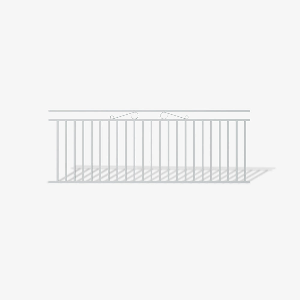 Belmont steel fence panel by Mason and Dean, vertical bar steel fencing with decorative scroll detail, ornamental metal boundary panel for residential applications.