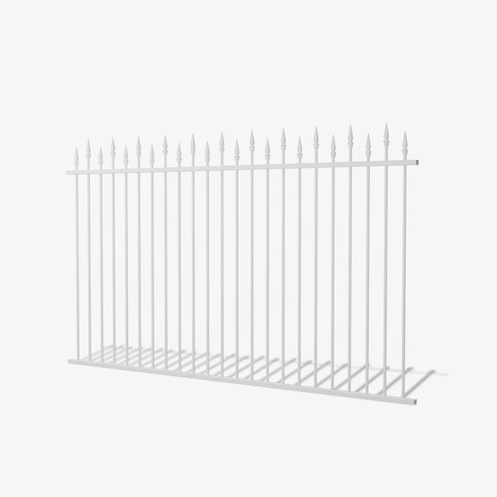 Berkley steel fence panel by Mason and Dean, heritage-style vertical bar steel fencing with spear top finials, traditional metal boundary panel for classic residential settings.