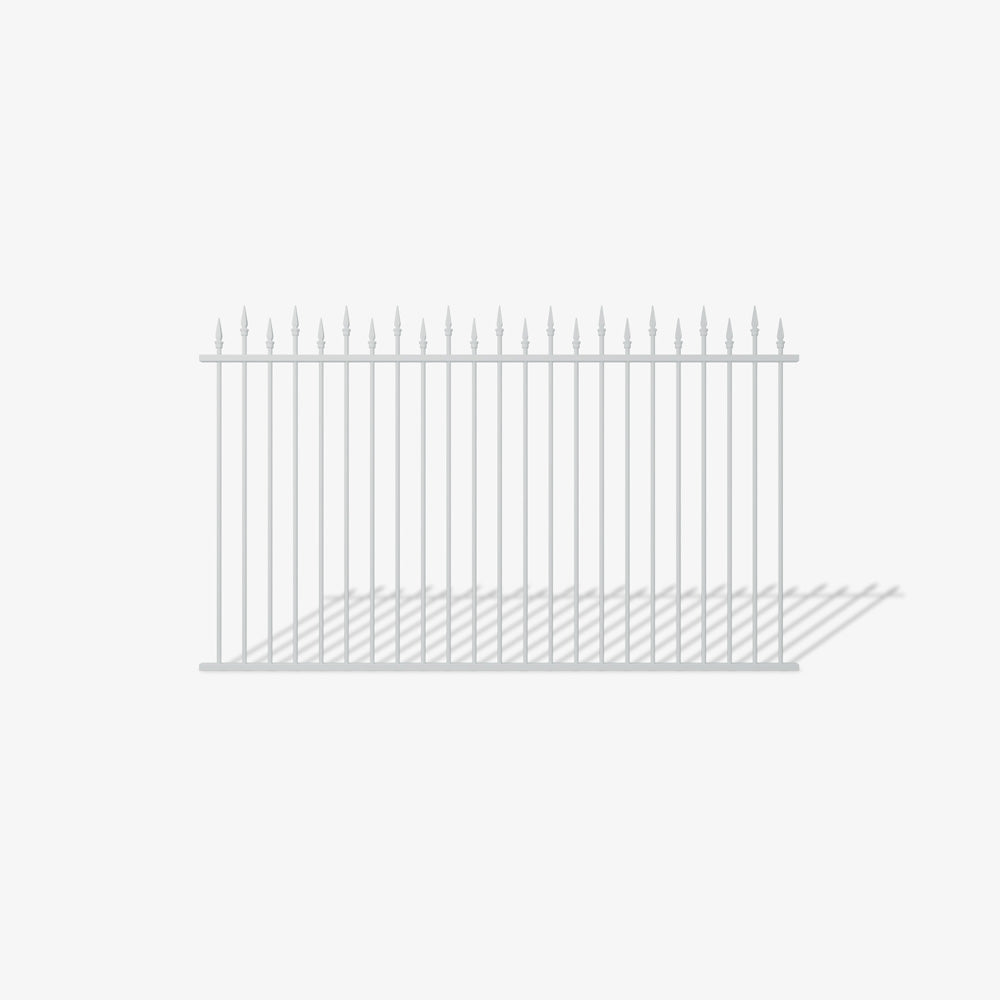 Berkley steel fence panel by Mason and Dean, heritage-style vertical bar steel fencing with spear top finials, traditional metal boundary panel for classic residential settings.