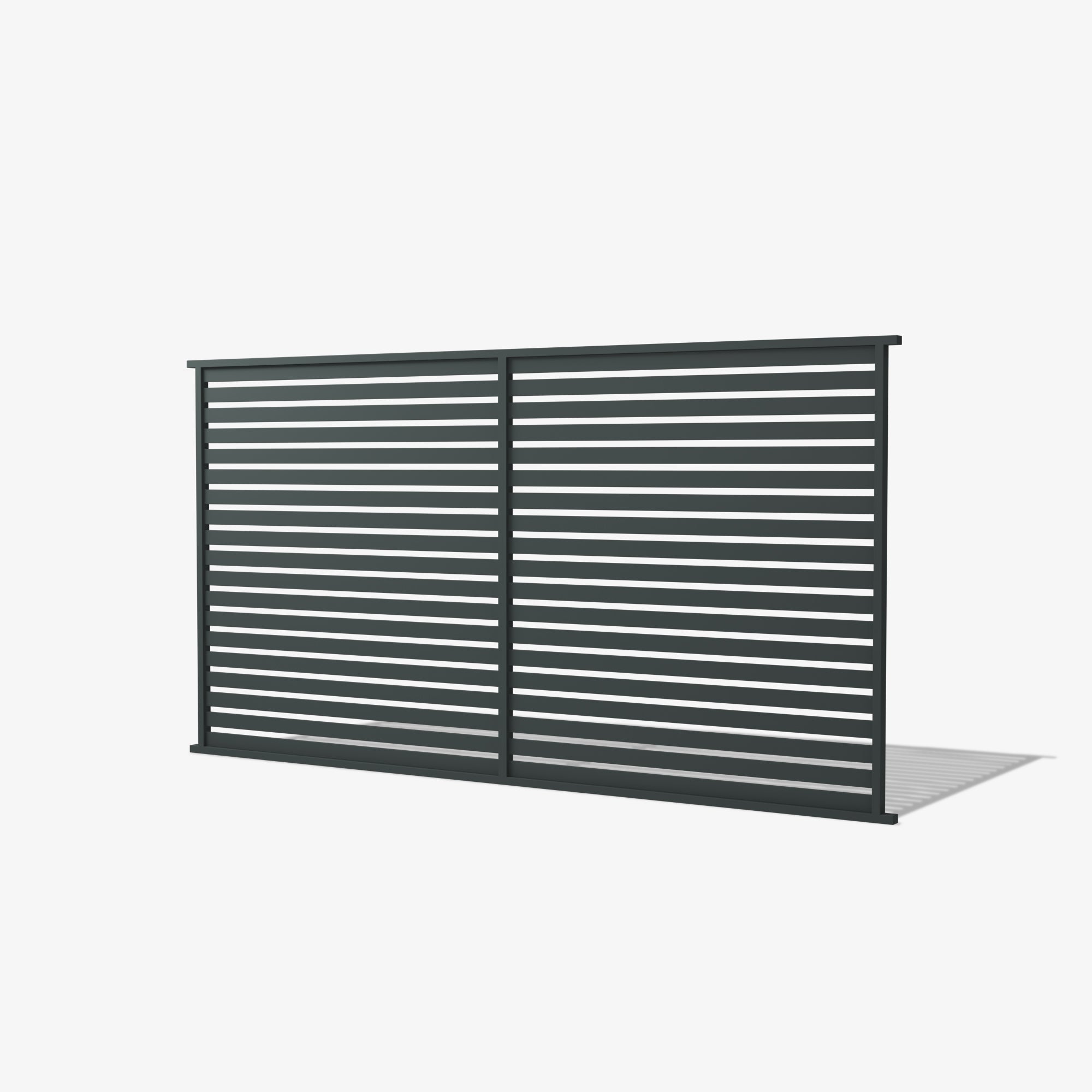 Hastings steel fence panel by Mason and Dean, horizontal slat fencing with evenly spaced bars, contemporary metal privacy panel for residential and commercial boundaries.