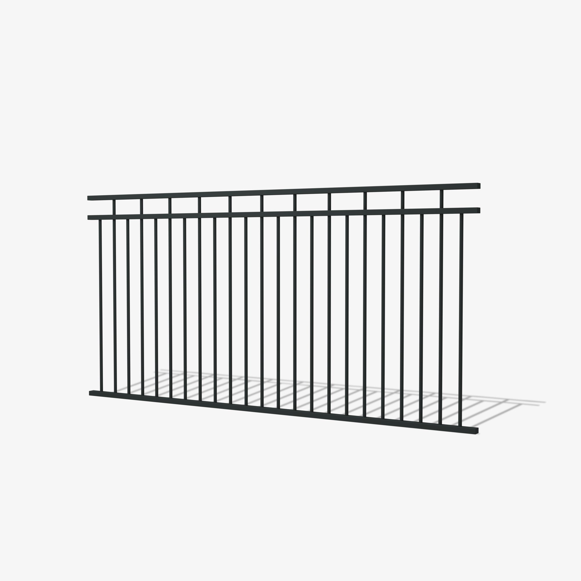Henley steel fence panel by Mason and Dean, vertical bar steel fencing with upper rail detail, decorative metal boundary panel for residential and commercial use.