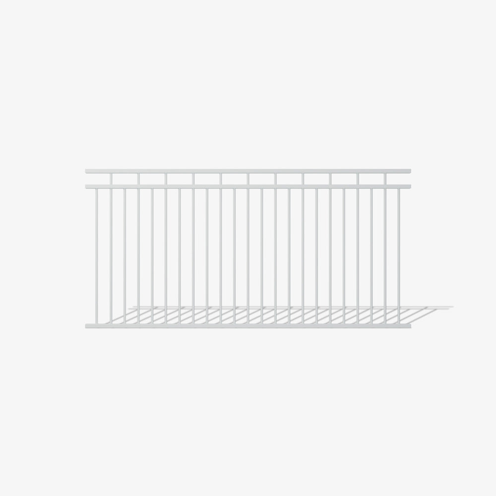 Henley steel fence panel by Mason and Dean, vertical bar steel fencing with upper rail detail, decorative metal boundary panel for residential and commercial use.