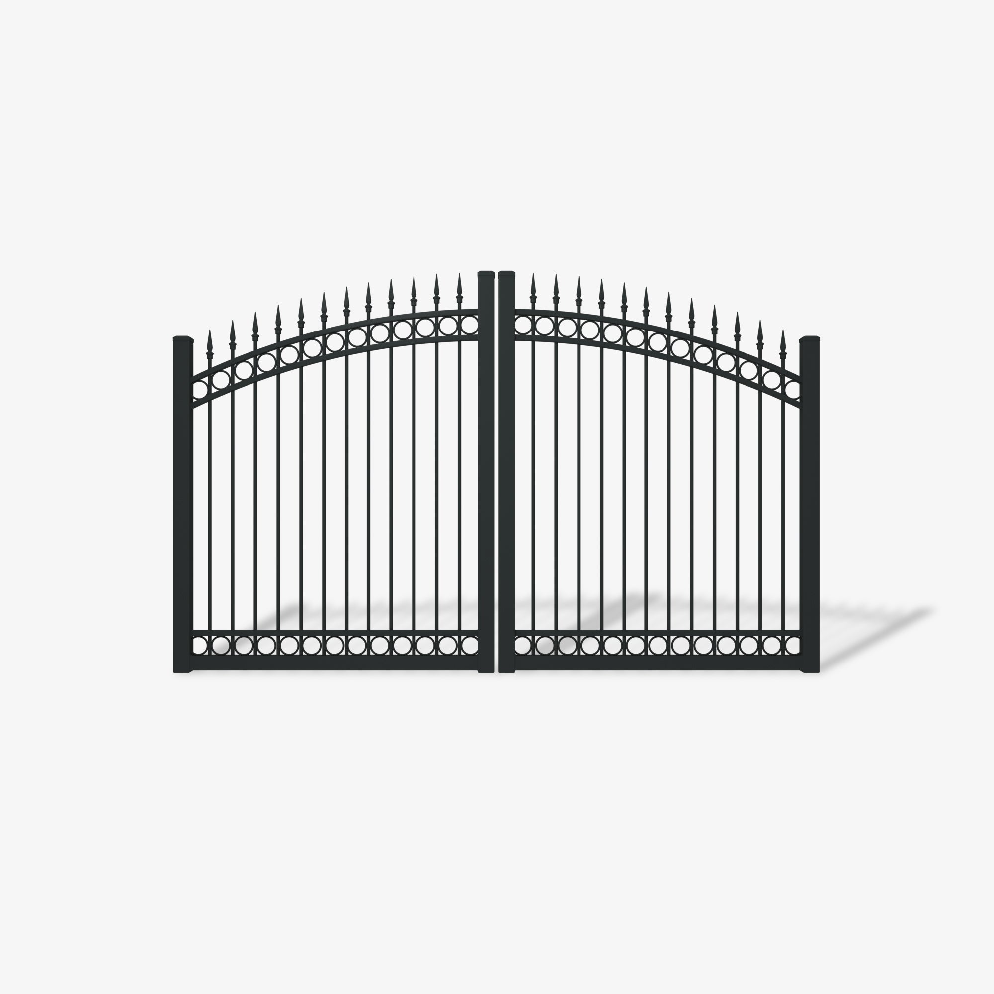Mason & Dean Ashgrove double driveway gate in a refined arched steel design with decorative spearhead finials, offering a timeless architectural statement for heritage and estate properties.