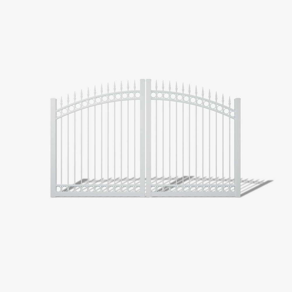 Mason & Dean Ashgrove double driveway gate designed for traditional estates and heritage properties, featuring spearhead finials and elegant circular detailing for a stately and secure entrance.