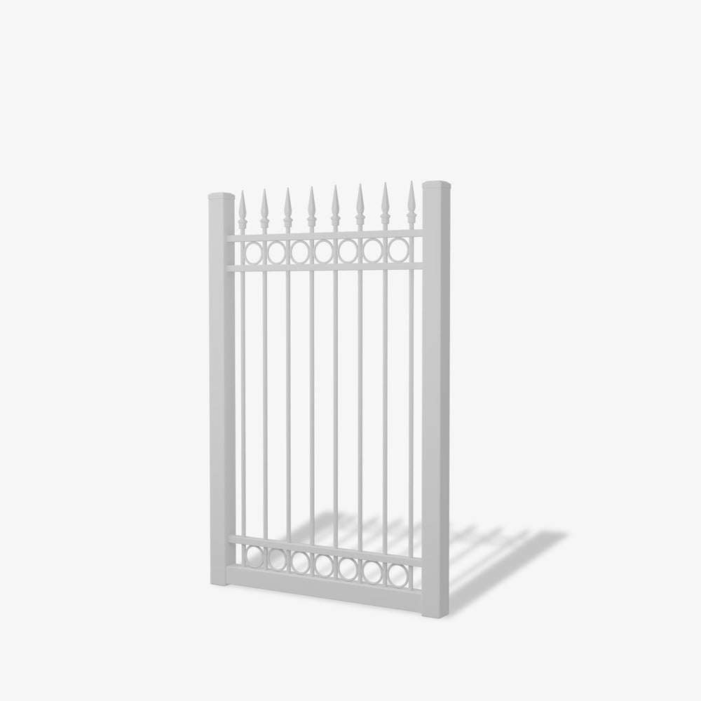 Mason & Dean Ashgrove single gate featuring a classic wrought-iron style design with spearhead finials and circular detailing, crafted from durable powder-coated Australian steel for timeless appeal.