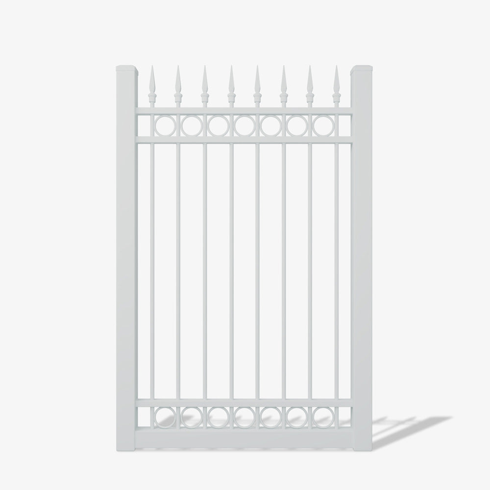 Front view of the Mason & Dean Ashgrove single gate showcasing decorative spearhead tops and circular lower detailing, combining traditional elegance with modern steel construction.