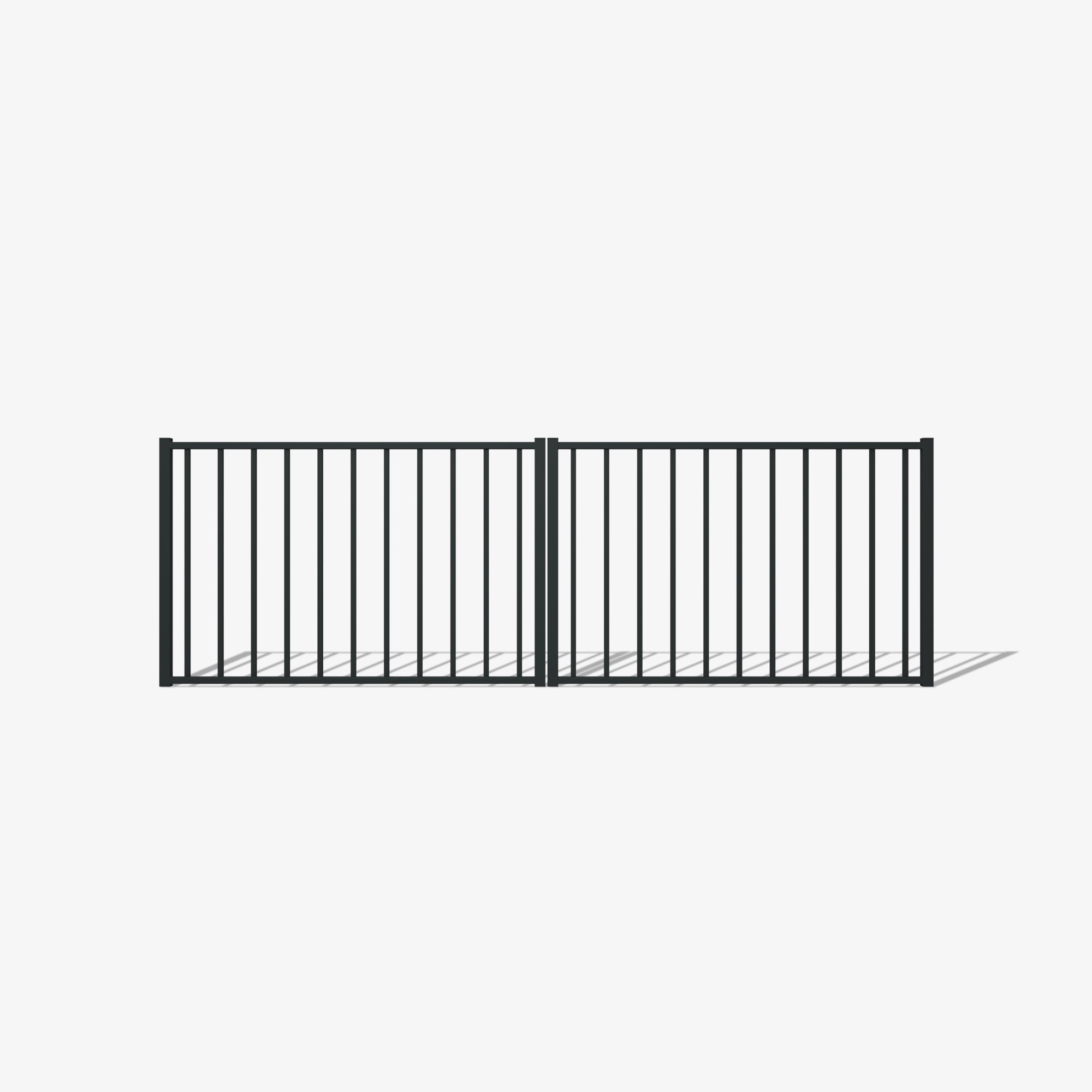 Mason & Dean Austin double driveway gate in a sleek architectural design with vertical steel bars, a minimalist and modern statement piece for secure residential and urban entrances.
