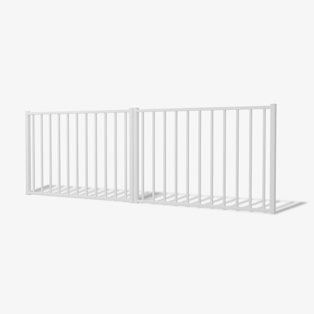 Mason & Dean Austin double driveway gate featuring clean vertical steel bars in a modern minimalist design, offering a secure and stylish entrance for contemporary homes and properties.