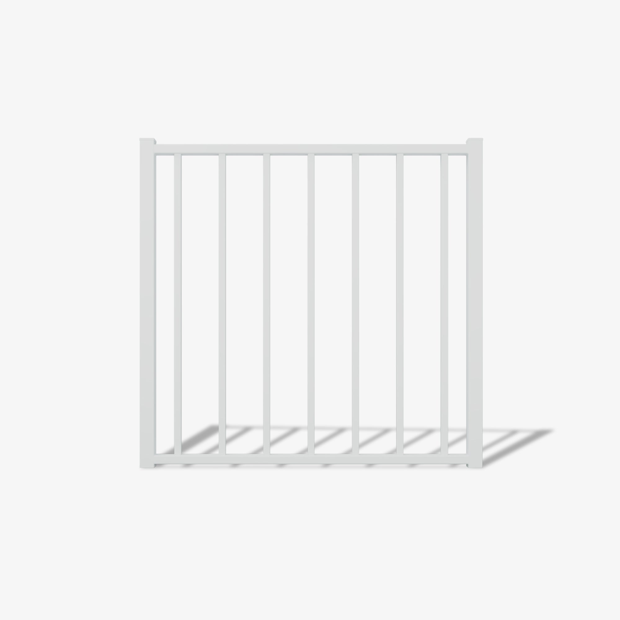 Front view of the Mason & Dean Austin single gate showcasing its minimalist rectangular frame and evenly spaced vertical steel bars in a contemporary powder-coated finish.
