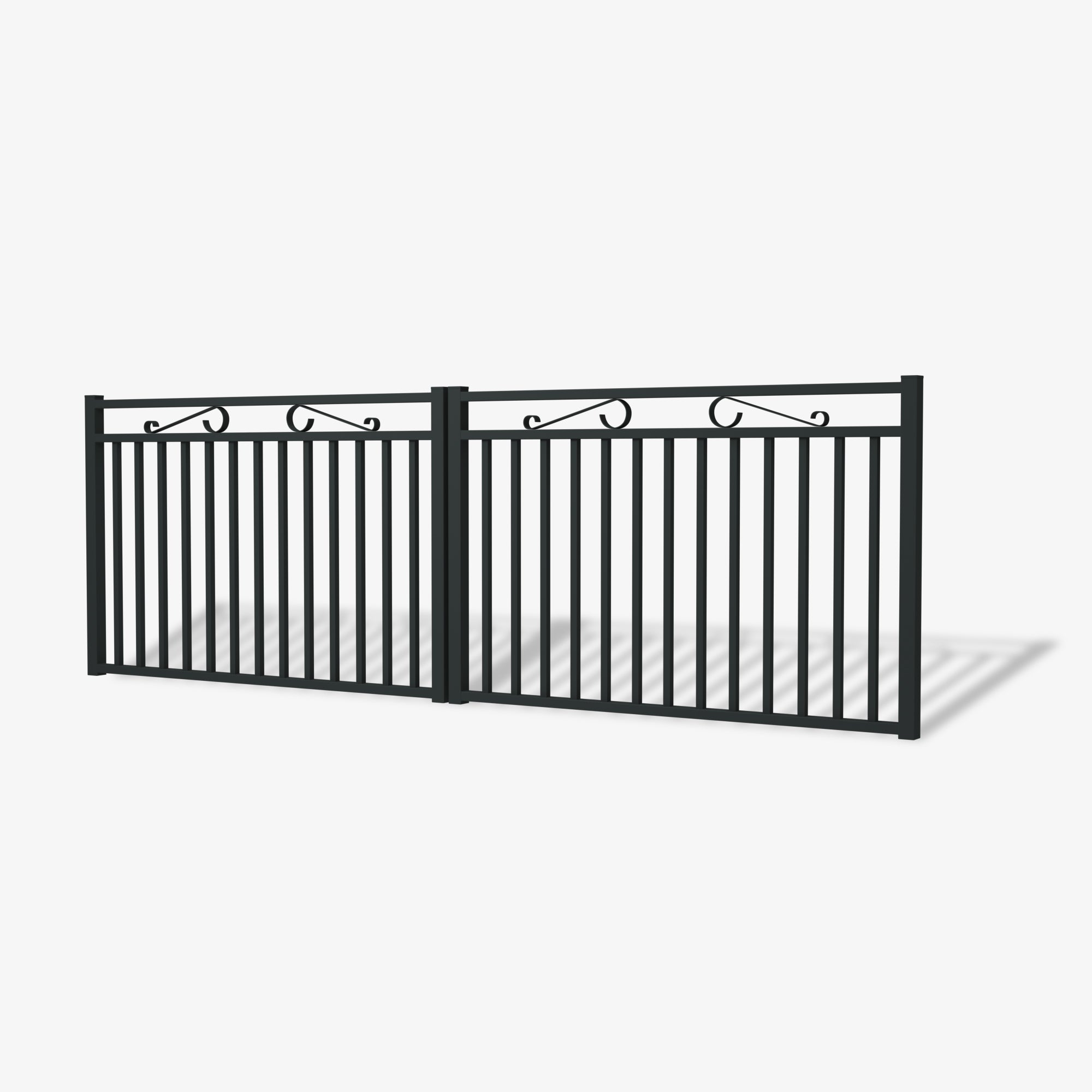 Side angle view of the Mason & Dean Belmont entrance gate highlighting elegant scrollwork, vertical bars, and premium construction for a sophisticated entrance.