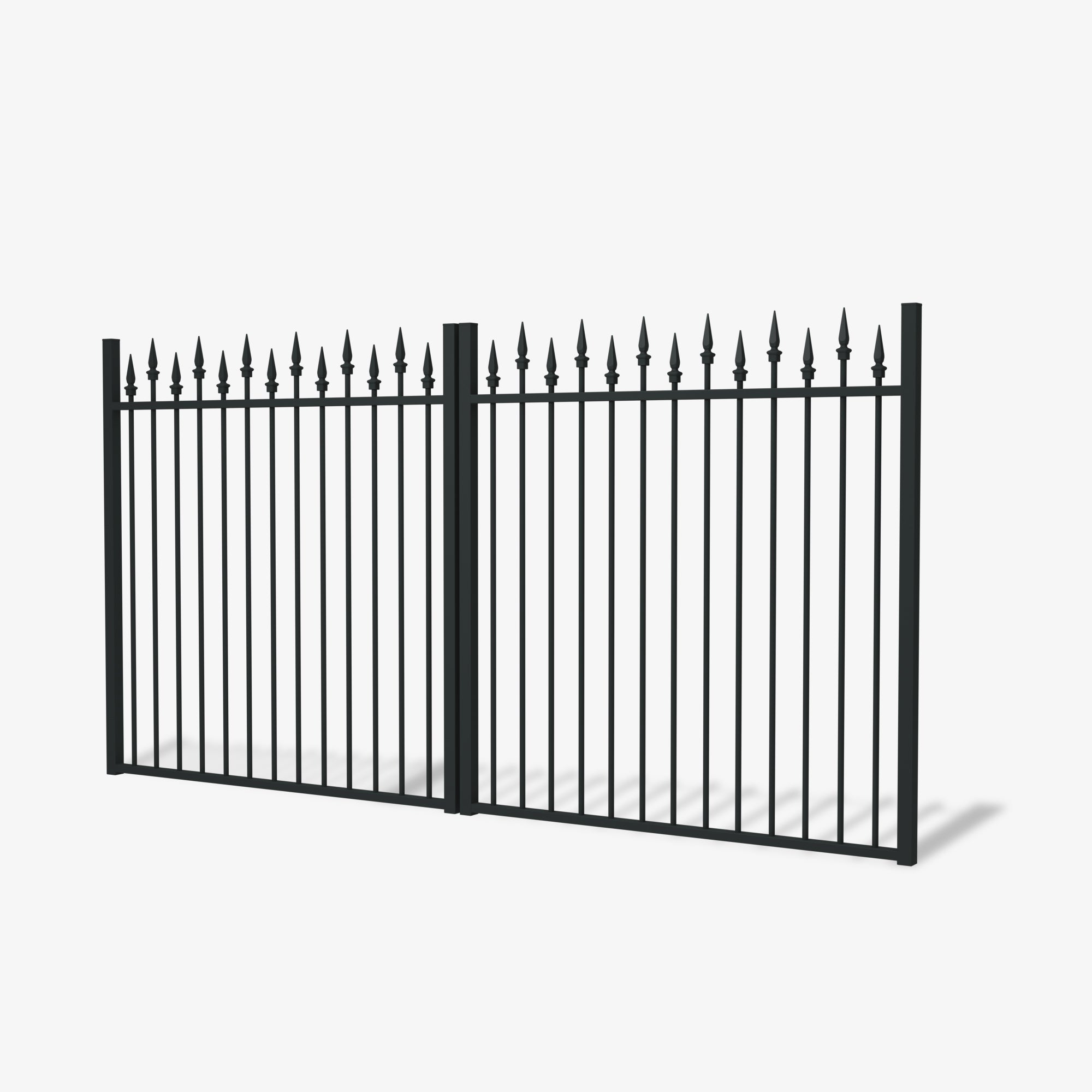 Mason & Dean Berkley double driveway gate with heritage spear-top finials and vertical steel bars, offering maximum security with timeless elegance.