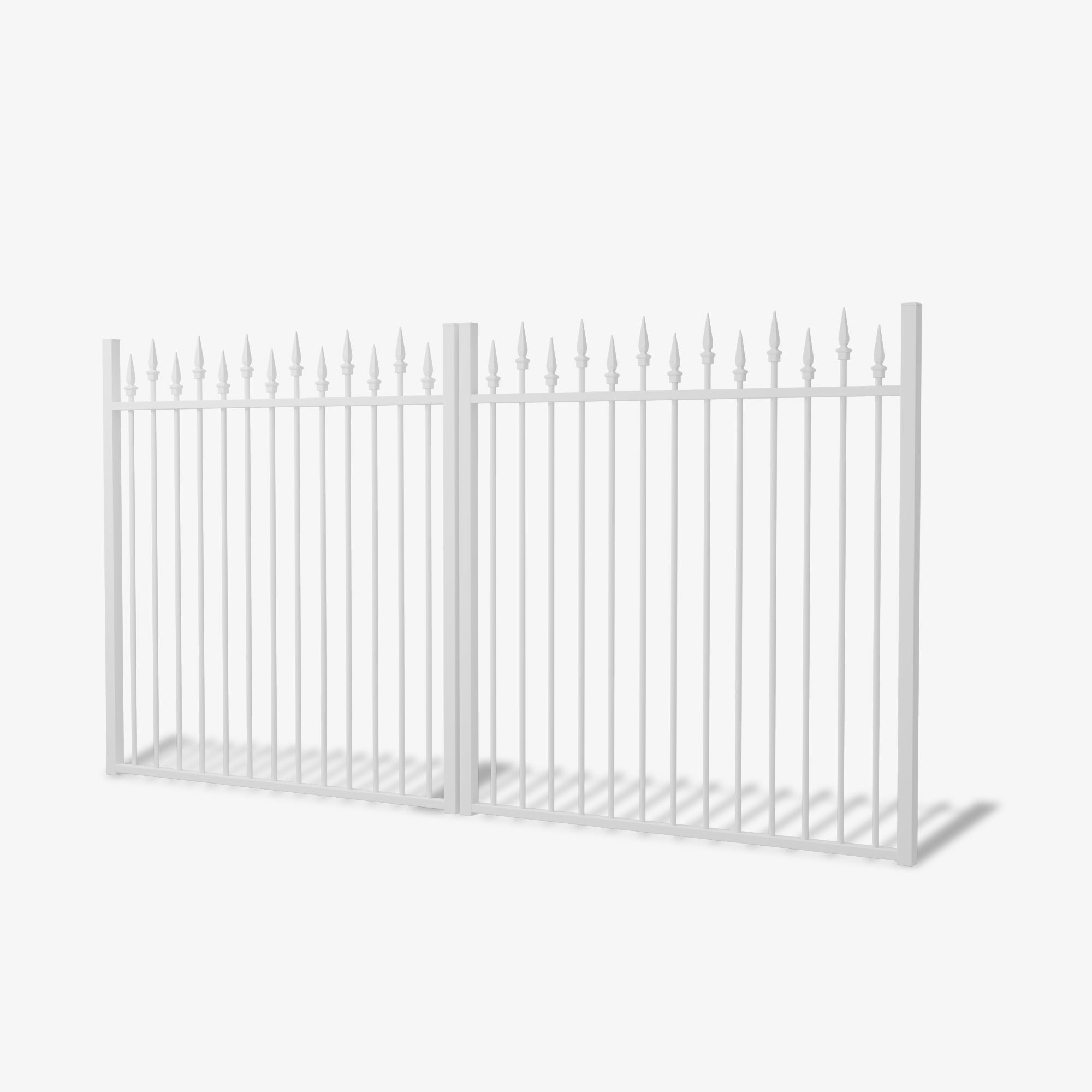 Side view of the Mason & dean Berkley double driveway gate in Pearl White, featuring heritage spear-top finials and vertical Australian steel bars for maximum security and timeless elegance.