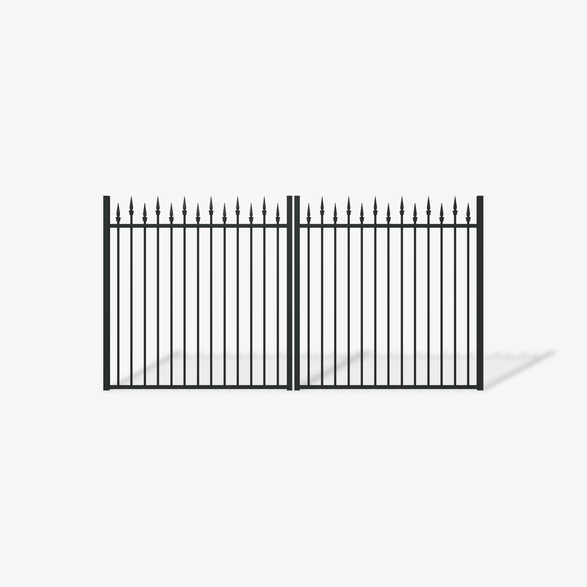 Mason & Dean Berkley double driveway gate with heritage spear-top finials and vertical steel bars, offering maximum security with timeless elegance.