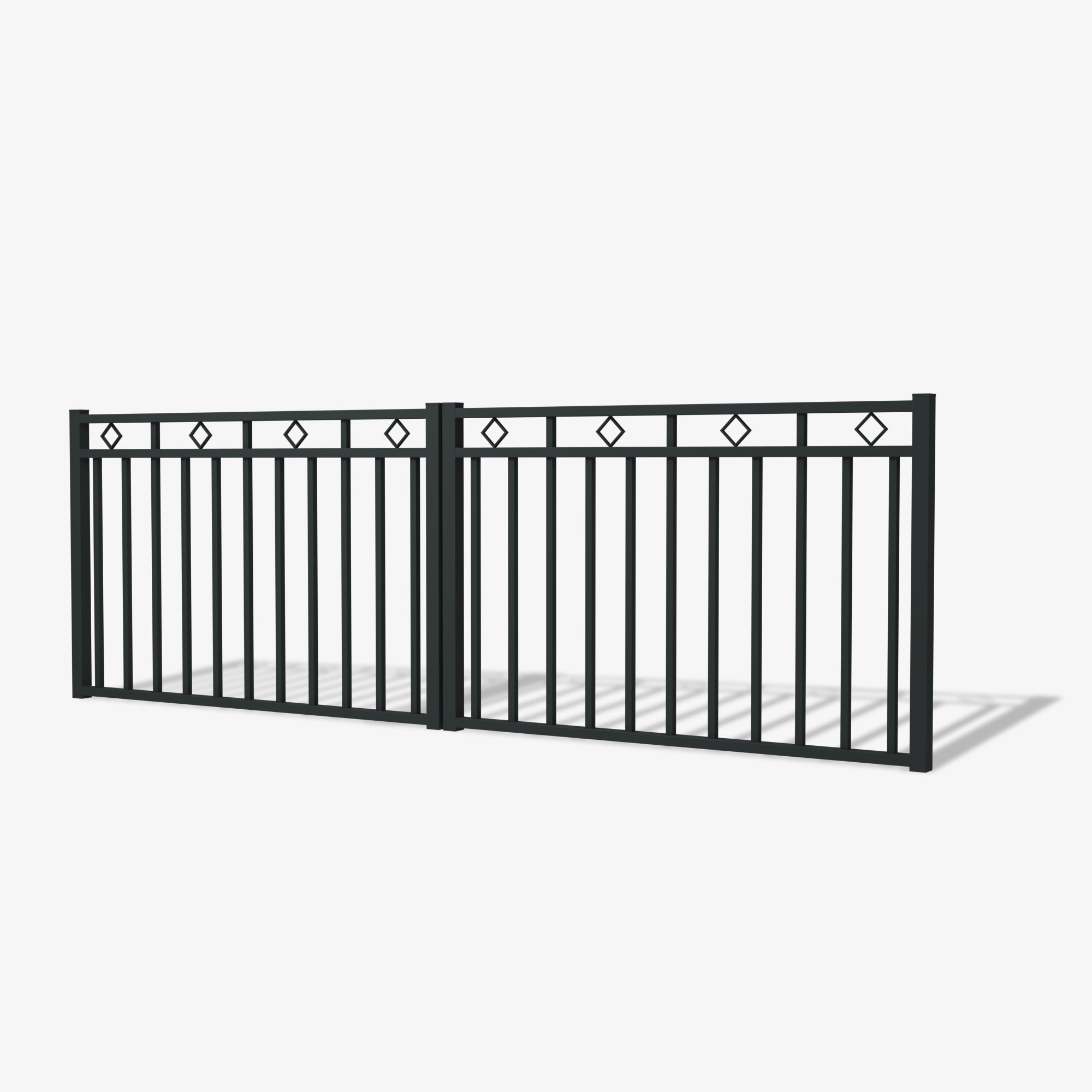 Mason & Dean Bronte double driveway gate with modern vertical steel bars and diamond detailing, offering a sleek decorative look with strength and durability.