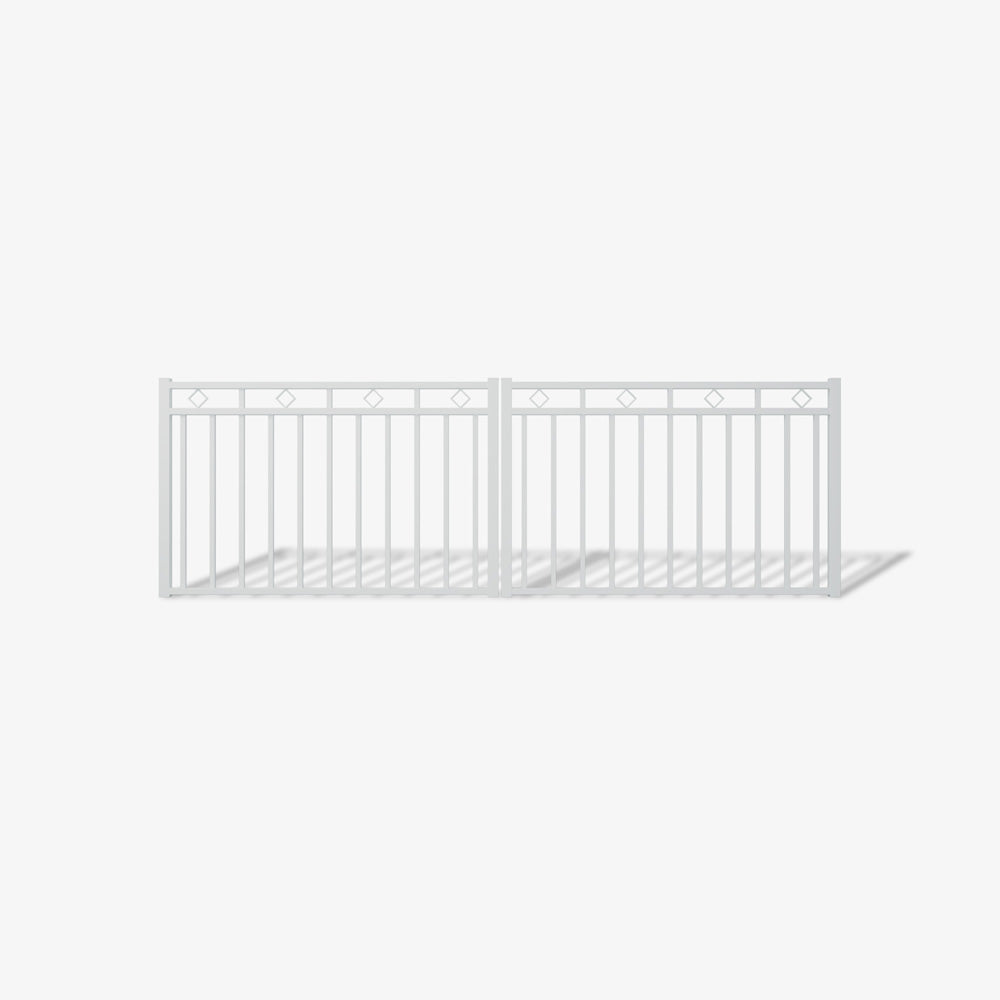 Mason & Dean Bronte double driveway gate with modern vertical steel bars and diamond detailing, offering a sleek decorative look with strength and durability.