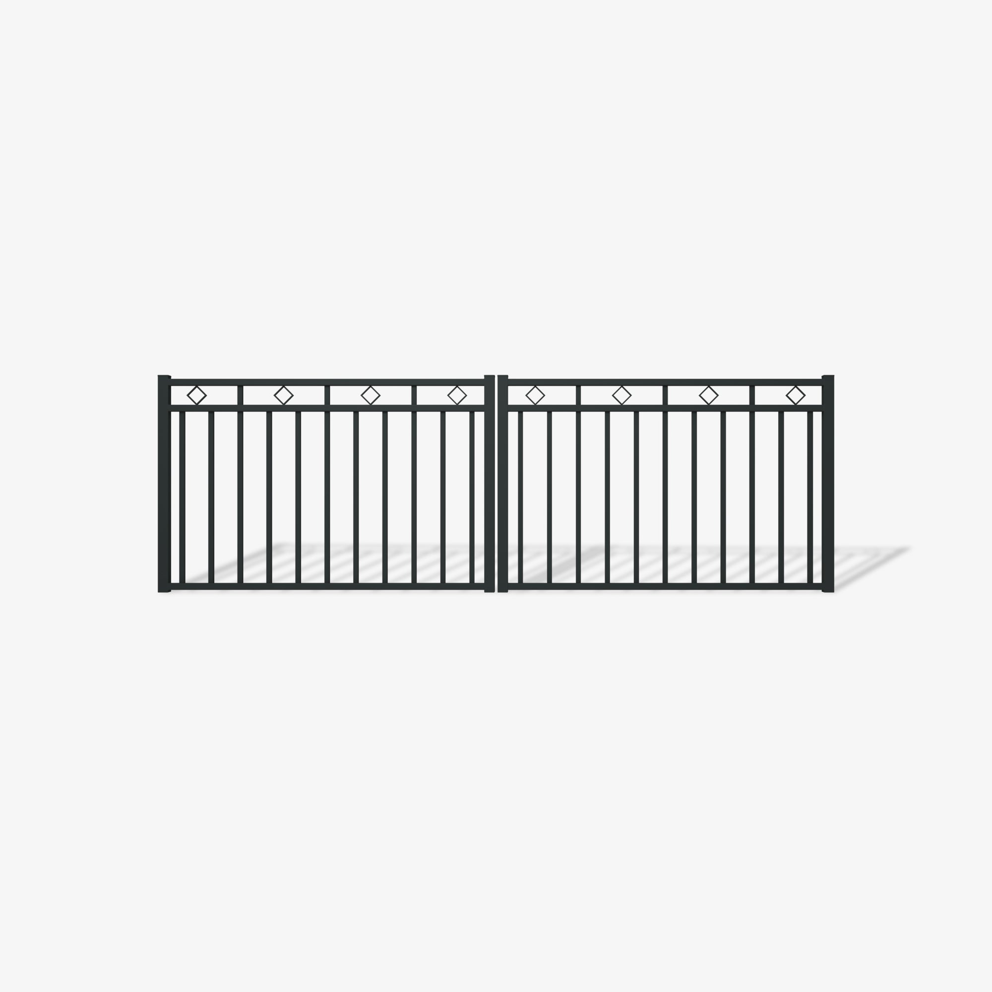 Mason & Dean Bronte double driveway gate with modern vertical steel bars and diamond detailing, offering a sleek decorative look with strength and durability.