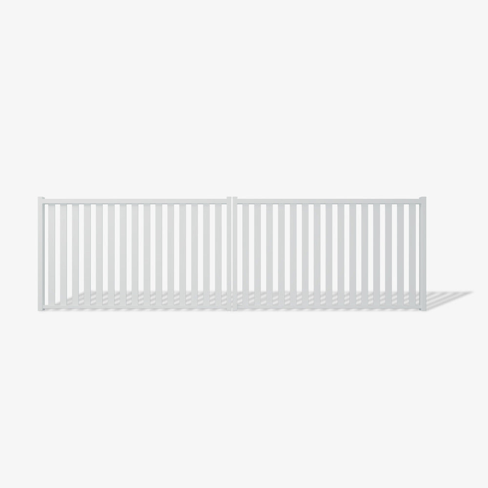 Mason & Dean Hamilton double driveway gate designed for modern and coastal homes, combining minimalist vertical bar styling with premium Australian steel craftsmanship for lasting beauty and security.