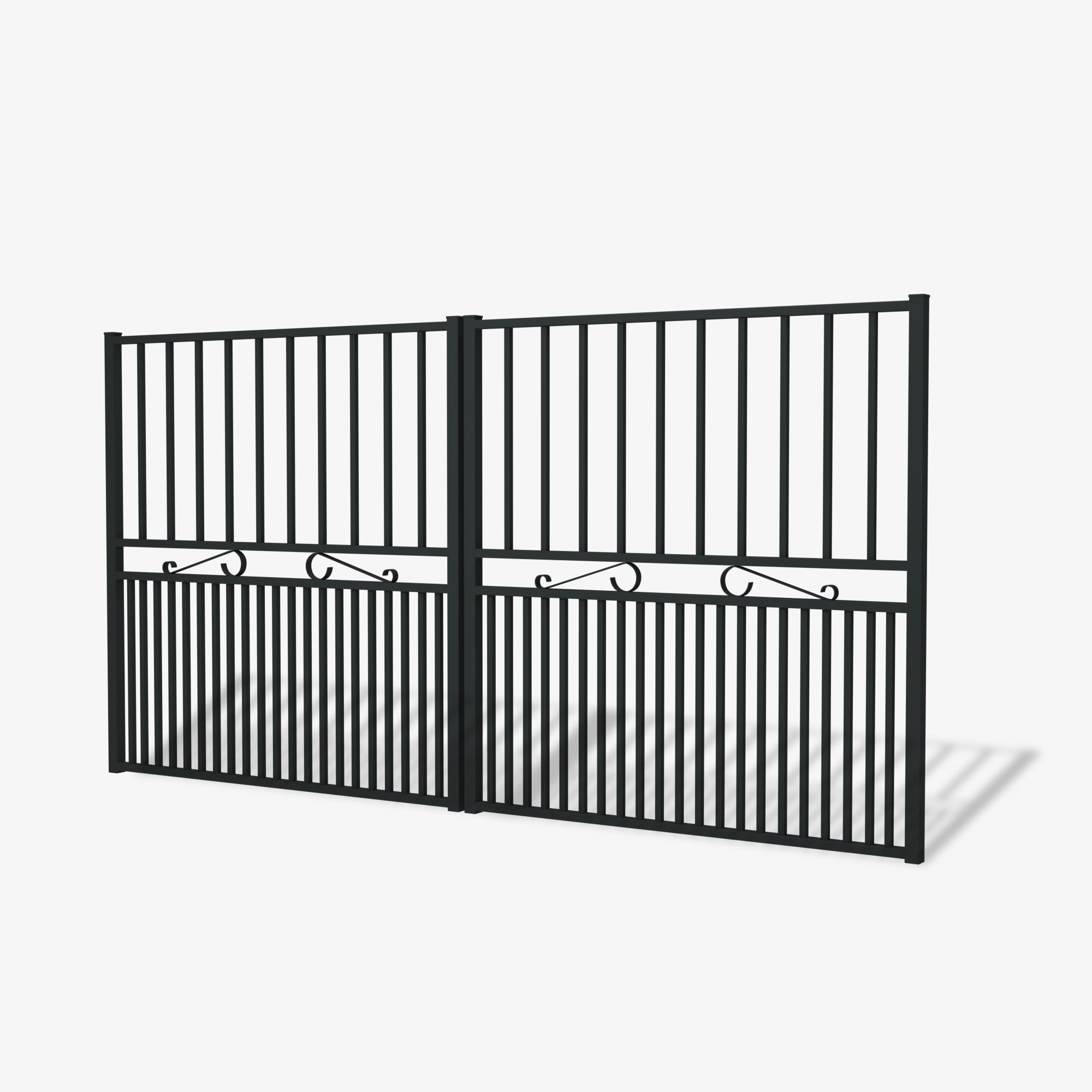 Mason & Dean Kingston double driveway gate showcasing intricate decorative steel scrollwork and precision craftsmanship, powder-coated for a refined and durable look.