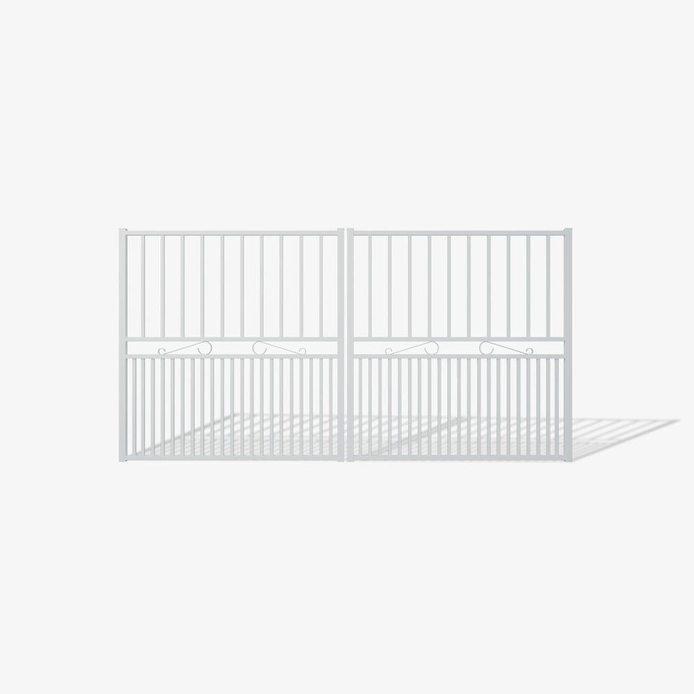 Mason & Dean Kingston double driveway gate designed to complement heritage and classic-style homes, combining ornamental scroll details with a strong steel frame for lasting beauty and security.