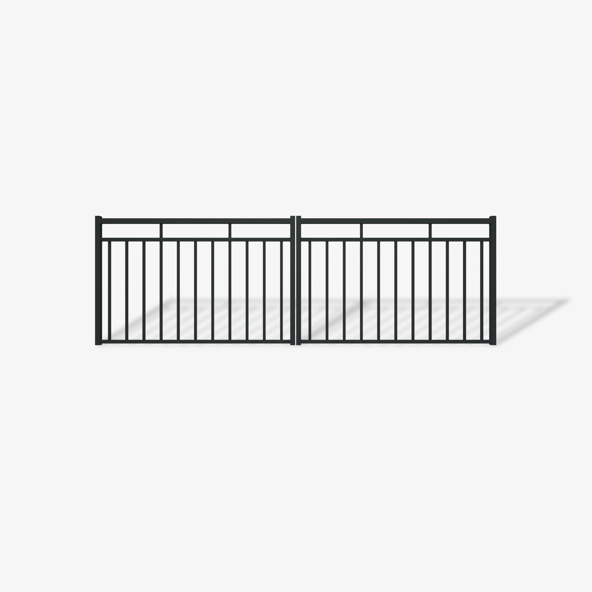 Mason & Dean Monroe double driveway gate, a minimalist vertical bar design suited to architectural developments, gated communities, and premium residential projects.