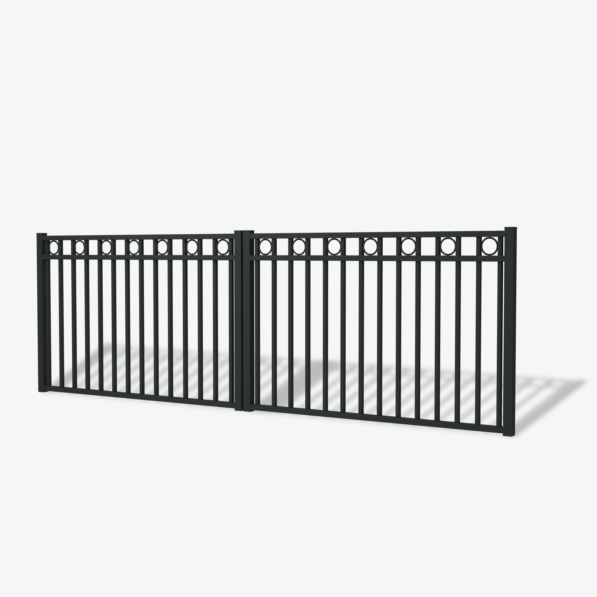 Mason & Dean Nelson double driveway gate showcasing refined circular top detailing and precision steel craftsmanship, in a powder-coated finish for a sophisticated architectural statement