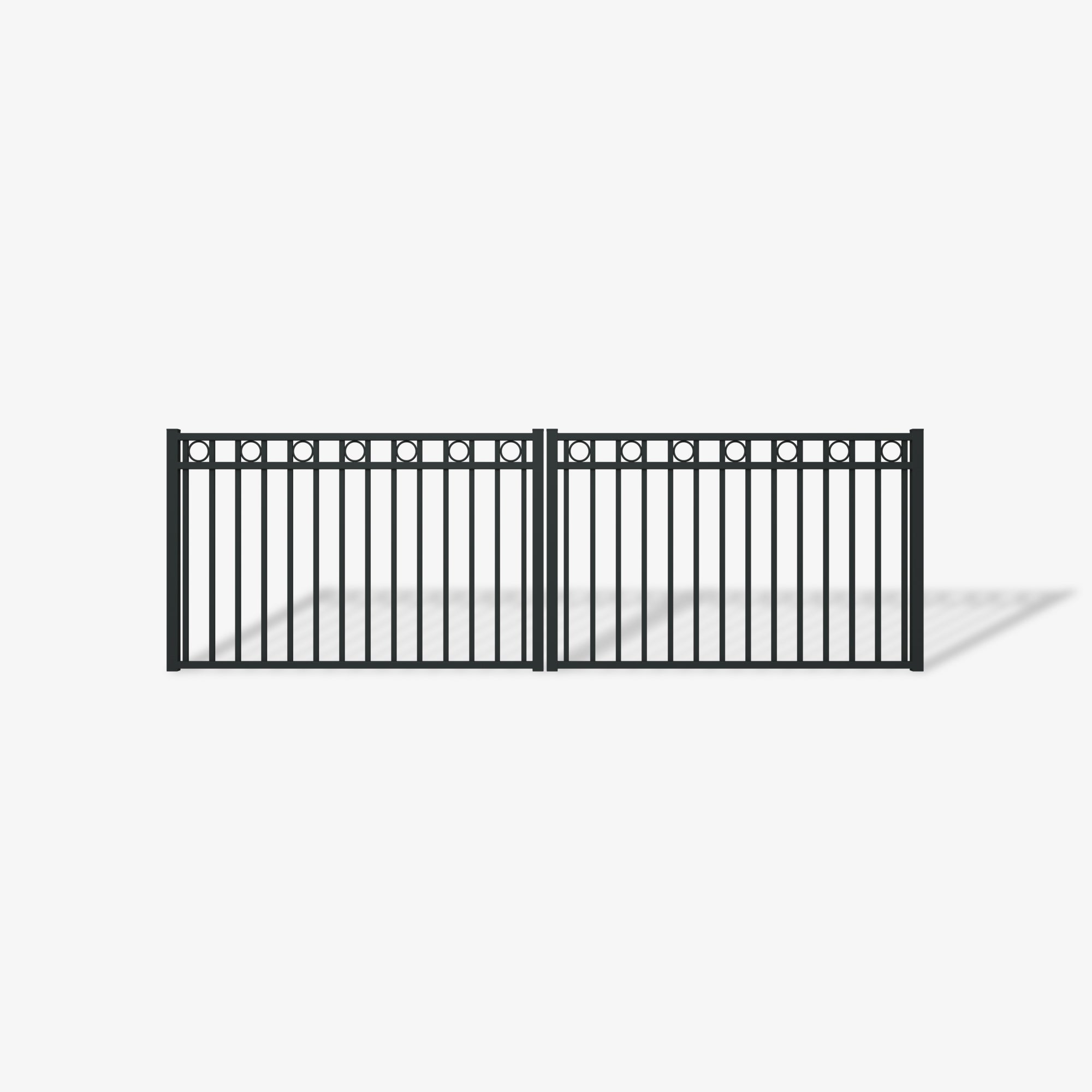 Mason & Dean Nelson double driveway gate constructed from durable Australian steel with a powder-coated finish, combining decorative appeal with strength and low maintenance.