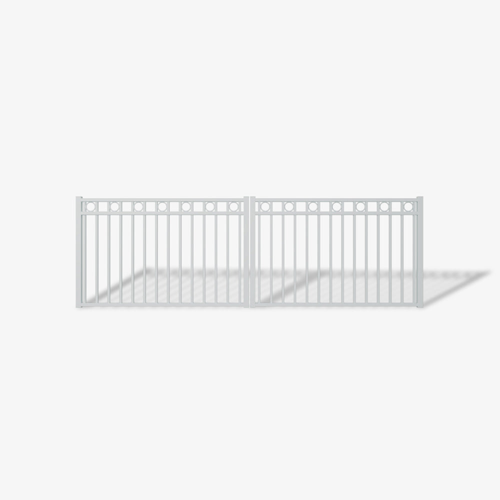 Mason & Dean Nelson double driveway gate designed for modern residential properties, combining circular top detailing with vertical steel bars for a balanced and elegant look