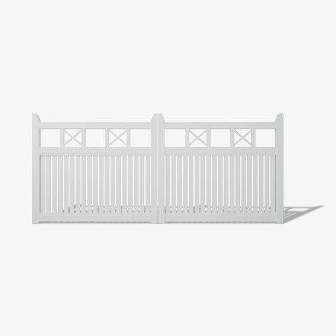Mason & Dean Newport double driveway gate designed in a coastal Hamptons style with vertical slats and decorative cross-bracing, creating a bright and elegant entrance for seaside or suburban homes.