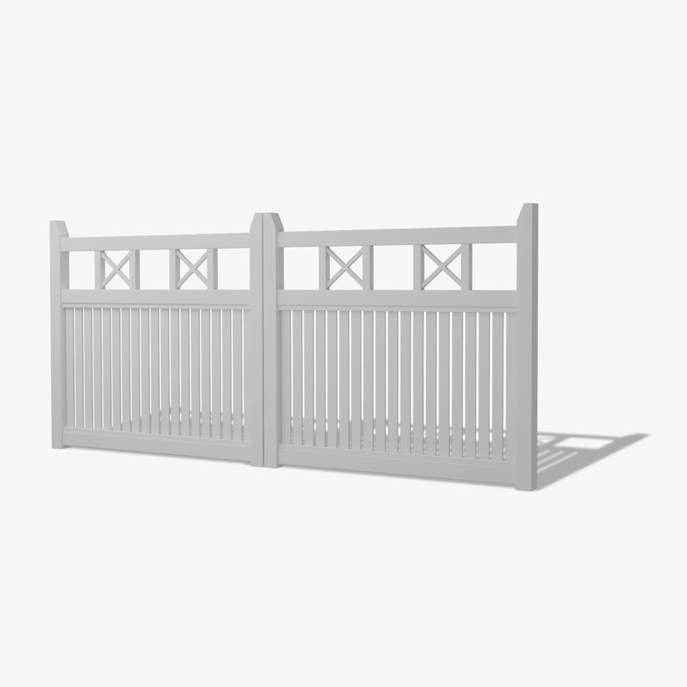 Mason & Dean Newport double driveway gate featuring Hamptons-style cross-brace detailing and vertical slats, offering a timeless coastal look with privacy and strength.