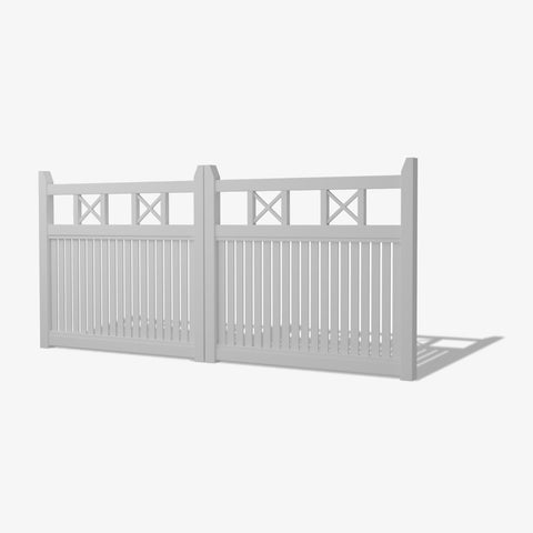Mason & Dean Newport double driveway gate featuring Hamptons-style cross-brace detailing and vertical slats, offering a timeless coastal look with privacy and strength.